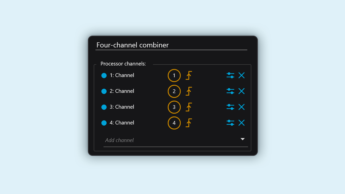 Screenshot detail of the Time Tagger Lab GUI, highlighting the properties view of a Combiner Processor. Four channels are selected as inputs. The processor creates a single Virtual Channel that will be used for flexible analysis of Time Tag measurements.