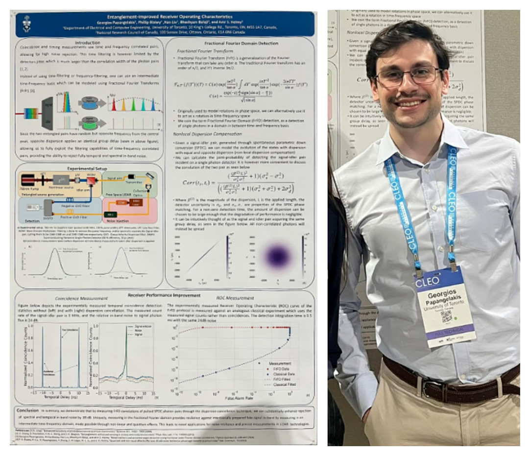 Georgios Papangelakis  presenting his research, titled Entanglement-Improved Receiver Operating Characteristics, via poster presentation at CLEO 2025