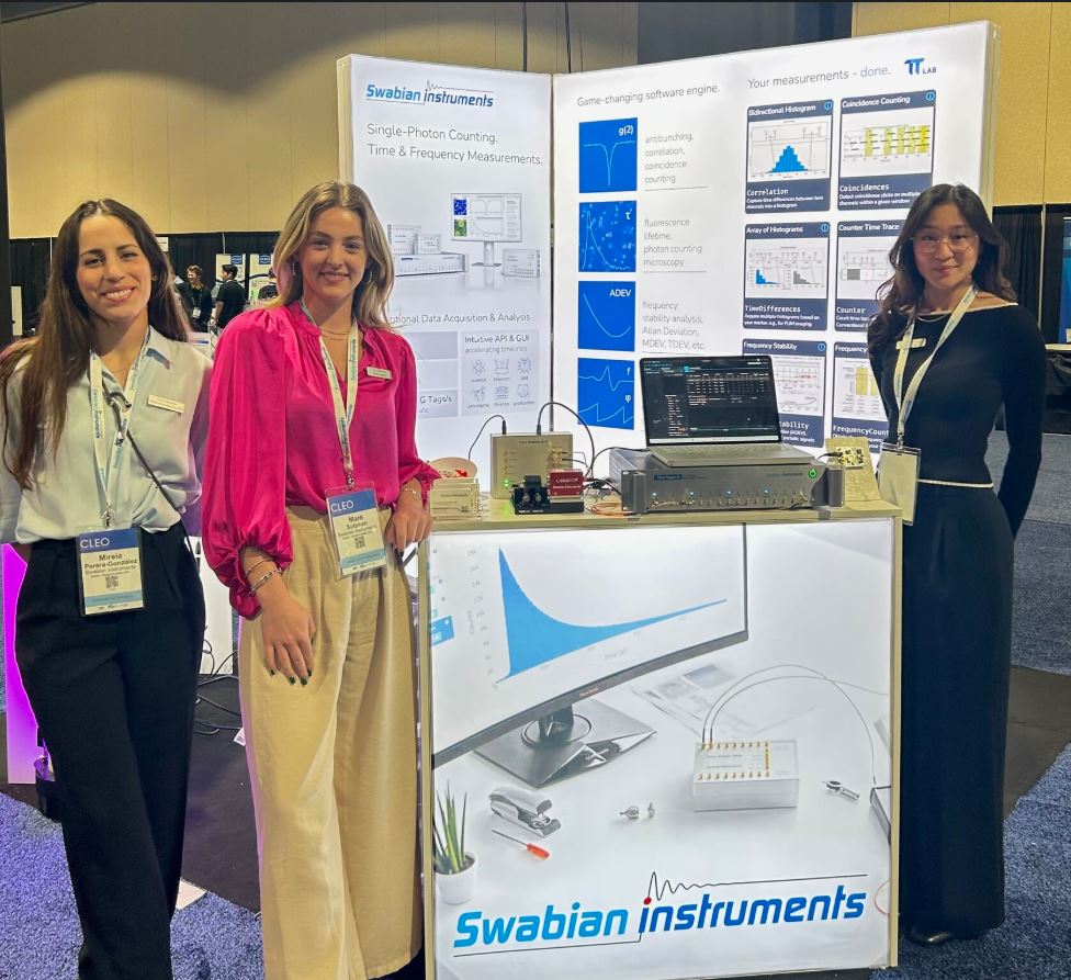 Swabian Instruments team at the exhibition booth, showcasing a live demonstration of Fluorescence Lifetime measurement with a Pulse Streamer 8/2 and Time Tagger X.