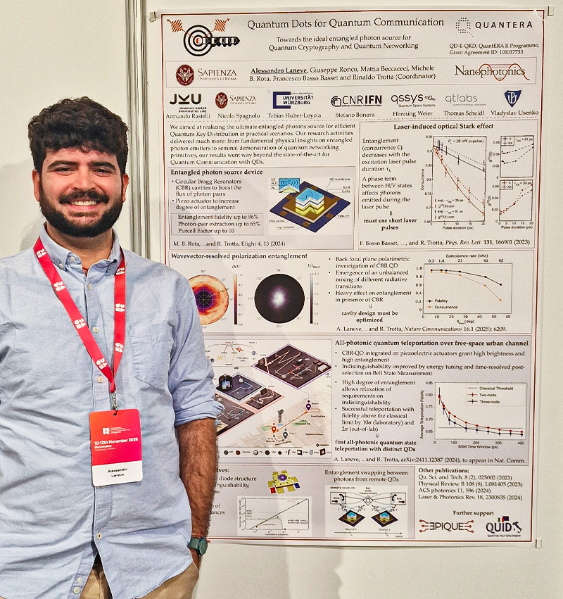 Researcher Alessandro Laneve standing next to his scientific poster on quantum dots for quantum communication at EQTC 2025. The poster includes experimental results captured using Swabian Instruments' time tagger.