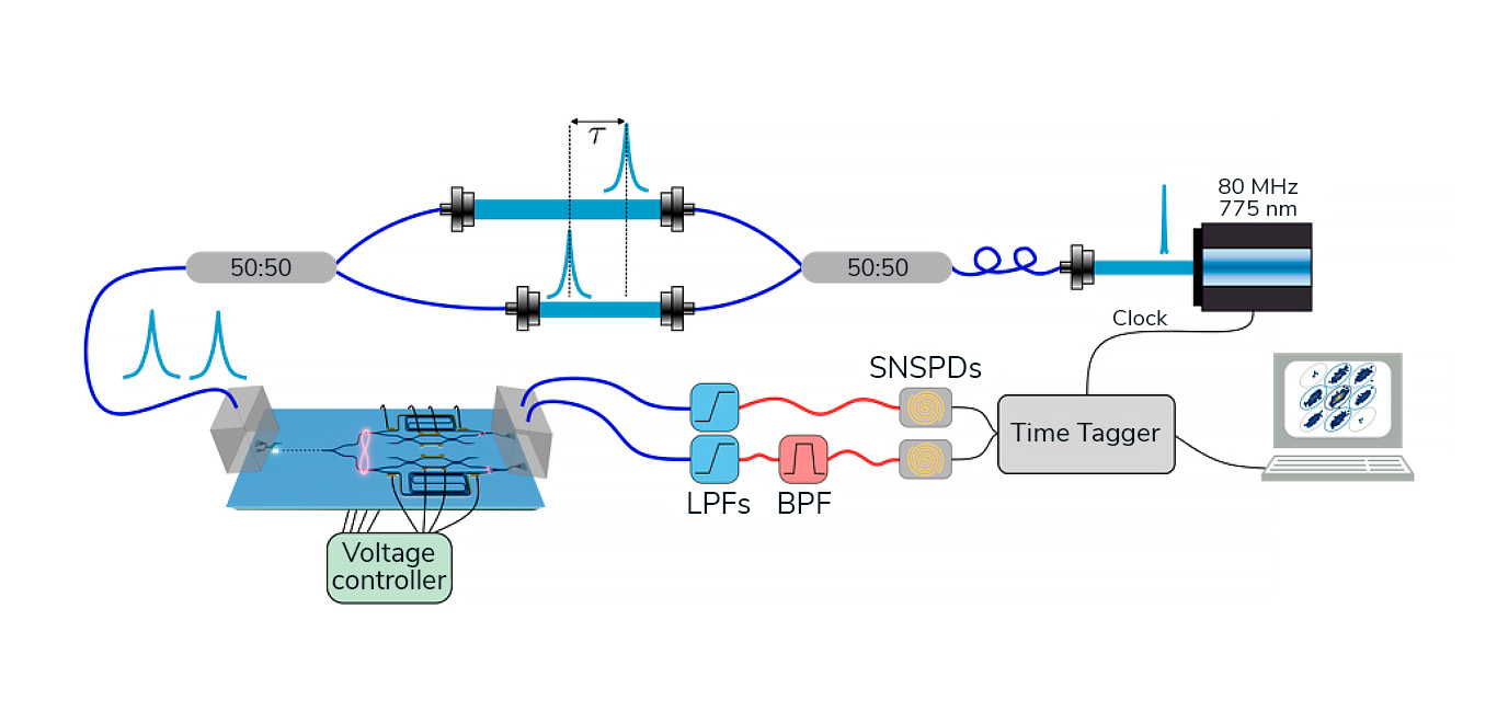 The experimental setup for time-bin entangled photon pair generation and analysis. A pulsed 775 nm laser running at 80 MHz serves as both the pump and timing clock. The laser passes through an unbalanced Mach-Zehnder interferometer formed by two 50:50 beam splitters and a fiber delay loop, introducing a time delay, creating early and late time-bin pulse pairs. The pulse pairs are coupled into a lithium niobate photonic integrated circuit, controlled by a voltage controller for on-chip phase adjustment. Generated photon pairs at 1550 nm exit the chip and pass through long-pass filters and a bandpass filter for pump suppression and spectral selection. Photons are then detected by superconducting nanowire single-photon detectors, with all detection events recorded and analyzed by Swabian Instruments' Time Tagger connected to a computer.(Credit: adapted from Finco et al., npj Quantum Information (2024), https://doi.org/10.1038/s41534-024-00925-7).