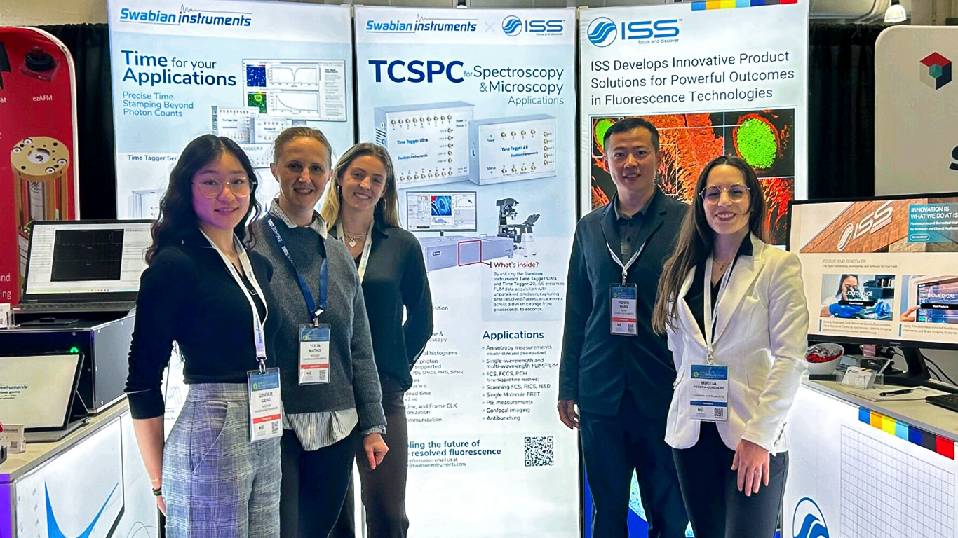 Group photo of the Swabian Instruments team at the joint booth during MRS Fall Meeting 2025 in Boston, showing Ginger Geng, Yulia Matiks, Maré Sutphen, Yizhou Wang, and Mireia Perera González standing in front of the booth. The booth has three displays featuring Time Taggers, Pulse Streamers, and DLScat from Swabian Instruments; TCSPC for spectroscopy and microscopy, and fluorescence solutions from ISS.