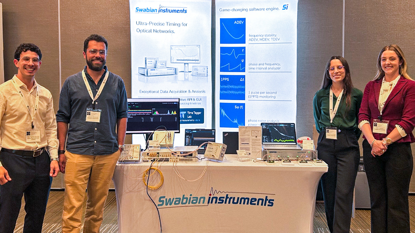 Team members from the Swabian Instruments and Safran teams standing at the WSTS 2026 booth. At the booth, there is a live demonstration of White Rabbit synchronization using the Safran nodes and Time Tagger X. Behind the booth, there are Swabian Instruments graphics showing the Time Tagger specs. Team members, from left to right: Pablo Azpeitia, Edoardo Mornacchi, Mireia Perera Gonzalez, Maré Sutphen