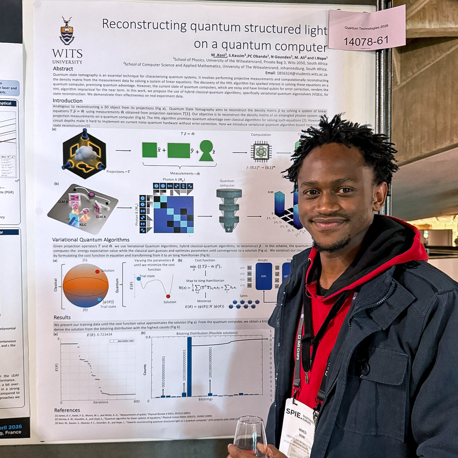 Mwezi Koni standing next to his research poster at SPIE Photonics Europe in Strasbourg, presenting work on quantum structured light and quantum computing methods using a Time Tagger Ultra from Swabian Instruments.