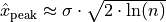 \hat{x}_{\text{peak}} \approx \sigma \cdot \sqrt{2 \cdot \ln(n)}
