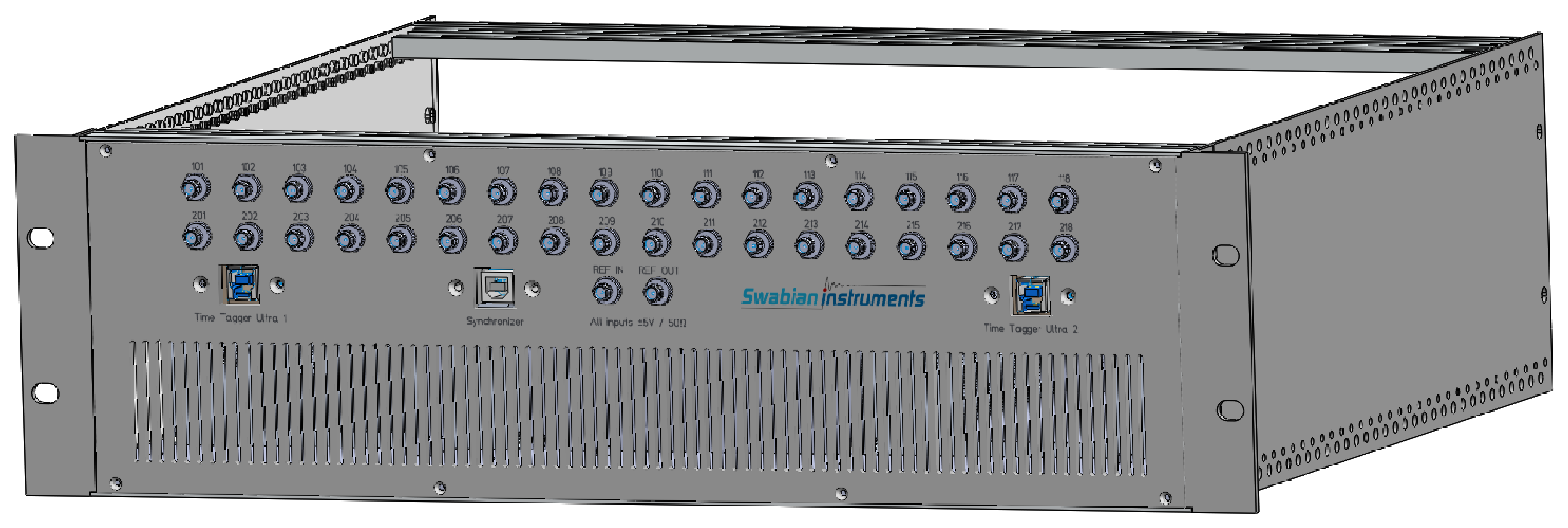 Rack mount for up to two |ttu-name| and one Synchronizer.